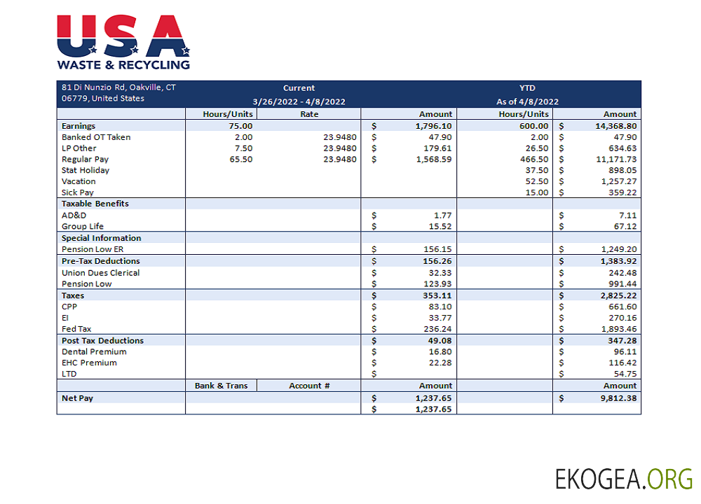 Fiche de paie d'une entreprise de recyclage USA Waste & Recycling